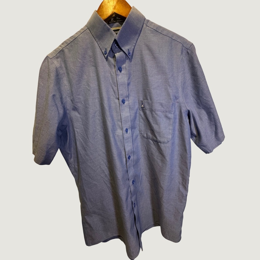 Nordstrom Mens Shop Smartcare Blue Micro Check Short Sleeve Button Down Shirt M